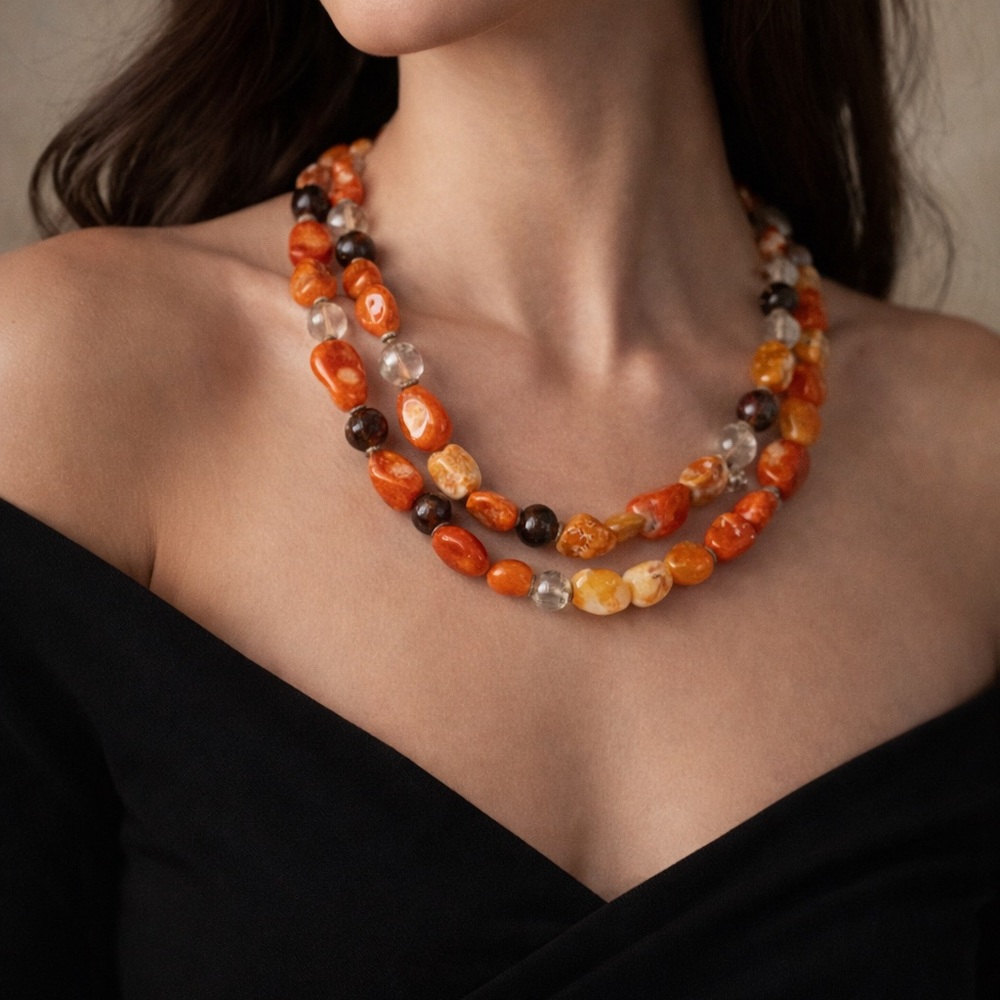 Y2K Carnelian & Glass Bead Statement Necklace Sterling Extender